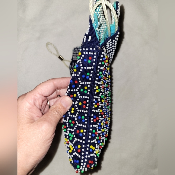 Reversible Drawstring Black or Sky Blue Beaded Pouch Purse Bag 8.5" x 9.5" - Picture 5 of 11